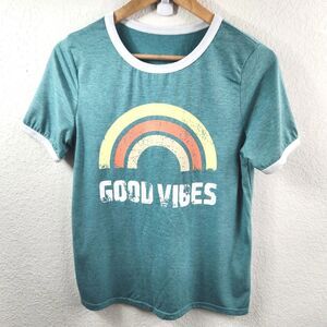 Women's Rainbow "Good Vibes" Green Short Sleeves Casual Tops Size S